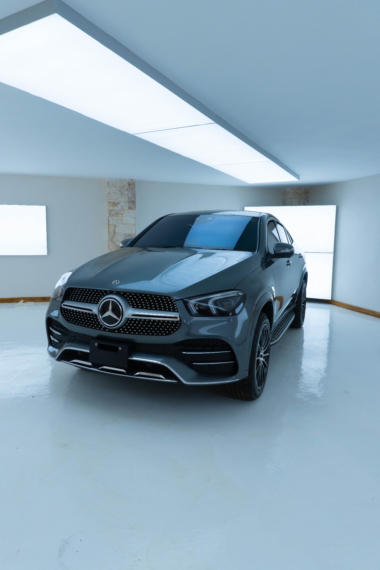 Mercedes GLE Coupé portrait — tinted windows and protected windscreen